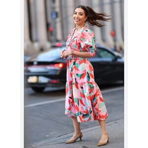 NWT Jessie Zhao Ramona Watermelon Smocked Puff Sleeve Tiered Midi Dress 4